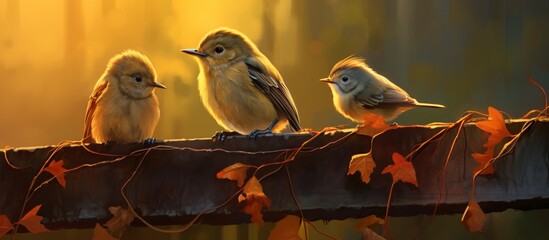 Three small birds are sitting on a rustic wooden fence covered with green leaves, enjoying the peaceful outdoors