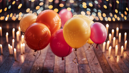 Fototapeta na wymiar Studio with colorful balloons and soft lighting with lights and candles under a wooden floor. Joyful and bright atmosphere of birthday celebration.