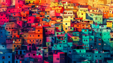 Colorful hillside favela at sunset