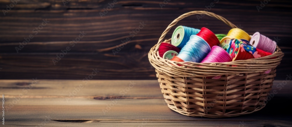 Poster a close-up view of a colorful assortment of thread spools arranged in a basket on a rustic wooden su