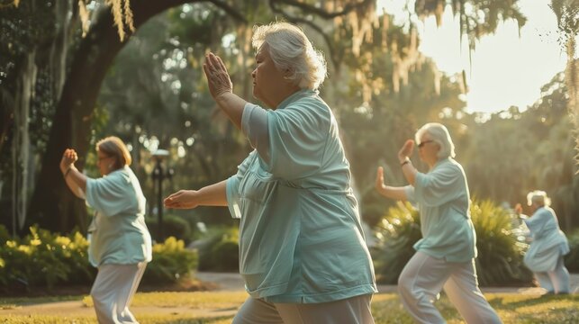 Depict a serene morning as fat women practice Tai Chi in a tranquil park, their synchronized movements creating a peaceful harmony, emphasizing balance, mental well-being, and the beauty of slow