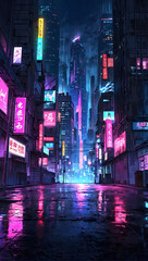 cyberpunk anime cityscape with vibrant neon lights empty background hyper - futuristic commercial district, neon lights, with Reflective surfaces, Night time