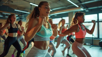 Depict a spirited dance fitness class where young sportswomen immerse themselves in the rhythm and...