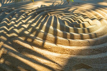 Japanese Zen garden with raked sand, palm leaf shadow, and concentric circles, meditation concept