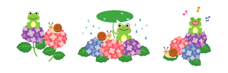 Obraz premium カエルとカタツムリと紫陽花のイラストセット（フラットデザイン）
