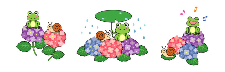カエルとカタツムリと紫陽花のイラストセット（線あり）