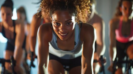 Depict an energetic indoor cycling class, with a group of young sportswomen pushing their limits together, led by an inspiring instructor, showcasing the power of motivation and community in fitness.