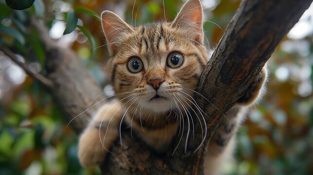 Tabby Cat Perched in a Tree