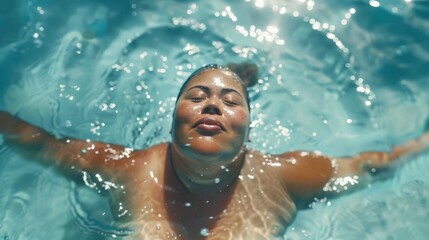 Depict an energetic swimming session where fat women joyfully embrace the water, showcasing the freedom and exhilaration of swimming, the support of the water - obrazy, fototapety, plakaty