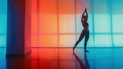A female in silhouette doing a yoga pose on stage in an empty room against a shaded background with orange and blue lighting