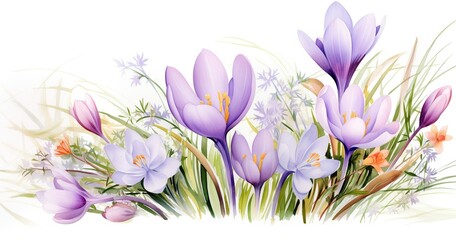 Watercolor, delicate pastel spring flowers in the lower corner 1:3 from the whole picture: crocuses, snowdrops, willow branches, white background, elegant details
