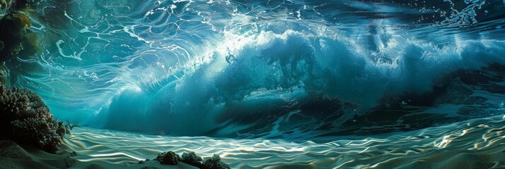 Depict an underwater perspective of waves from below the surface, highlighting the dance of light and shadows as the water moves, offering a unique view of the ocean's energy.