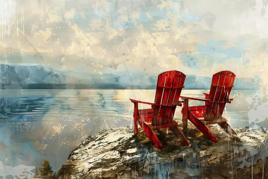 Two red vintage chairs on a rock overlooking a tranquil lake landscape, digital painting