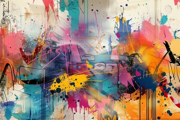  Graffiti-inspired abstract poster with colorful tags, paint splatters and scribbles, digital art