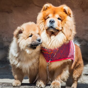 two cute chow chow dogs, mother and daughter looking at the camera