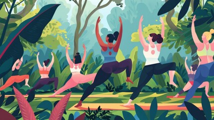 Illustrate a joyful scene of fat women participating in a vibrant outdoor yoga session, their bodies moving gracefully in various poses, surrounded by the lush beauty of nature