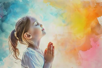 Little girl worshipping on watercolor background, digital painting - obrazy, fototapety, plakaty