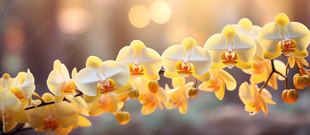 Sticker Cluster of yellow orchid flowers in full bloom, set against a soft and blurred background of green foliage and garden scenery