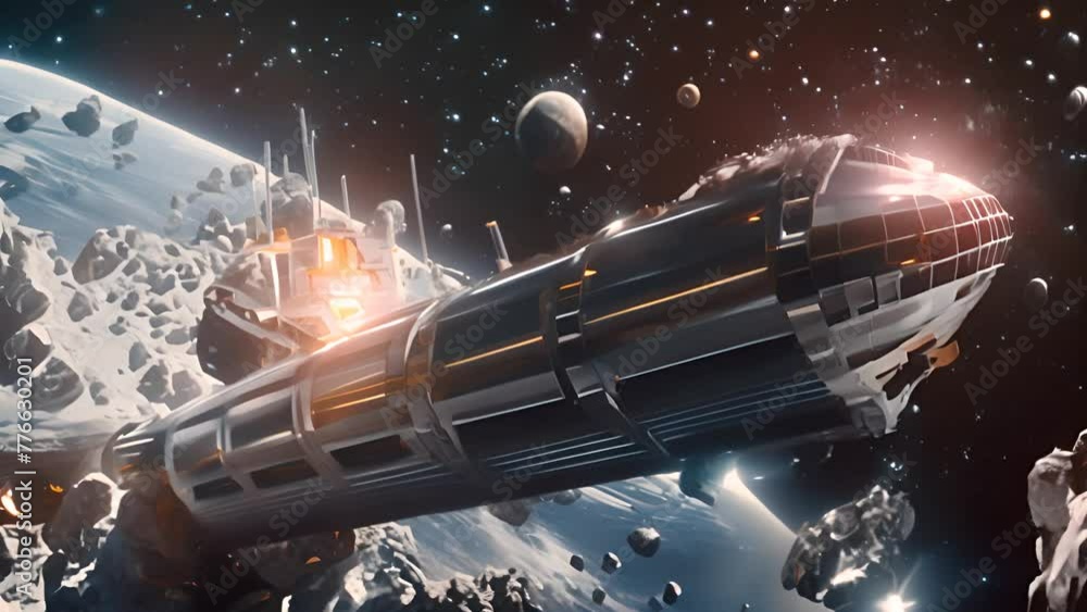 Sticker futuristic spaceship traveling through asteroid belt with ai generated.