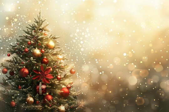 Festive Christmas tree with red and gold ornaments on bokeh lights background, digital painting