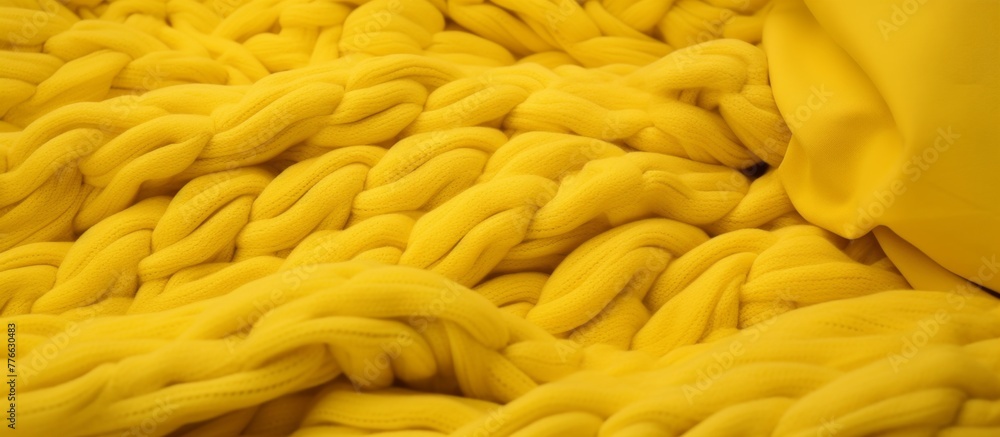 Poster yellow blanket close up showing soft fabric texture and cozy feel on top of another patterned blanke