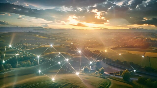 Sunrise Over Connected Rural Landscape with Ai generated.
