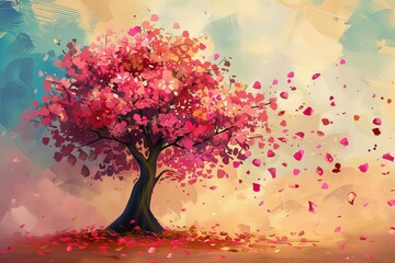 Autumn tree with pink flowers and falling leaves, digital painting