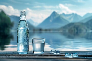 Pure natural drinking water in bottle and glass with mountain background, digital photography