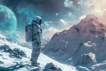 Astronaut exploring icy planet with futuristic landscape, digital art