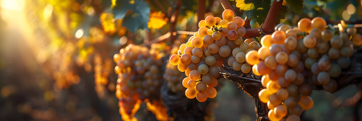 autumn leaves in the sun,
The sun  kissed grapes for white wine grow and ri - obrazy, fototapety, plakaty