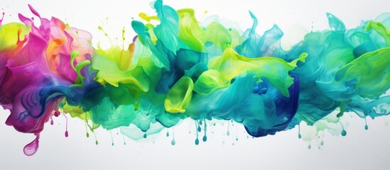 Vibrant and colorful liquid painting displayed in a close-up view on a clean white surface