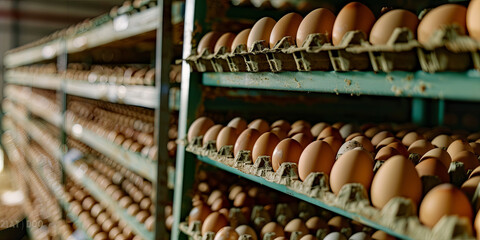 eggs in eggshells on shelves at a factory farm, generative AI