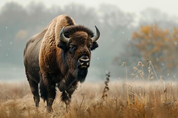 Majestic European Bison Bull Standing Alone in Natural Habitat, Wildlife Photography - obrazy, fototapety, plakaty