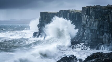 the dramatic contrast of a stormy sea, with towering waves crashing against rugged cliffs, showcasing the raw power of nature.