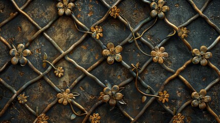 Iron Wrought Rosary with different metallic flower intertwined with vines that have a rusted iron look, reflecting the intersection of faith and craftsmanship created with Generative AI Technology