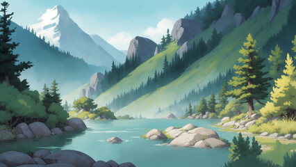 The anime landscape of a mountain and river with a lot of trees in a day situation.