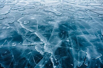 Frozen lake surface in winter season, ice texture and patterns, nature landscape, high-resolution photo