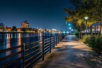 Wilmington North Carolina USA downtown riverwalk at night, city skyline and waterfront, long exposure photograph