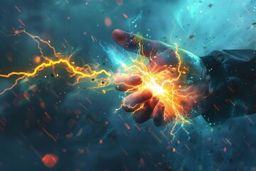 Hand holding lightning bolt, electricity power and energy concept, stormy sky background, digital illustration