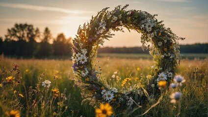 Rustic wildflowers wreath on sunny meadow, Summer Solstice Day