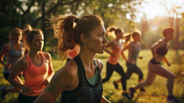 an early morning boot camp workout in a city park, where a group of young women engage in various high-intensity exercises, demonstrating determination, resilience