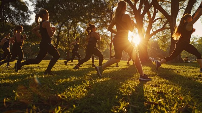 an early morning boot camp workout in a city park, where a group of young women engage in various high-intensity exercises, demonstrating determination, resilience - Powered by Adobe