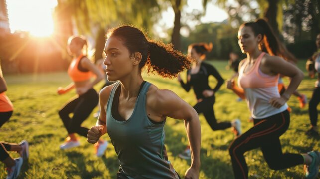 an early morning boot camp workout in a city park, where a group of young women engage in various high-intensity exercises, demonstrating determination, resilience