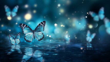 Blue Butterflies Dancing Over Water in Twilight