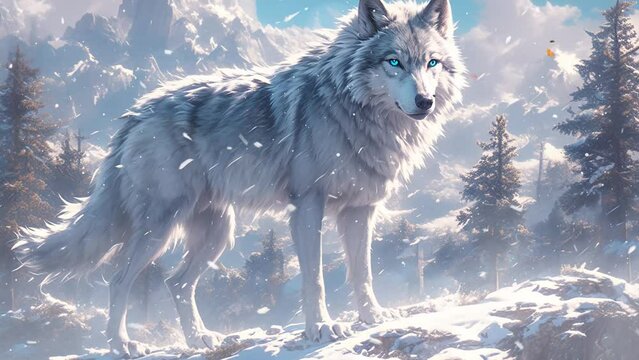 wildlife in winter forest. hyper realistic render of a majestic white wolf. seamless looping overlay 4k virtual video animation background