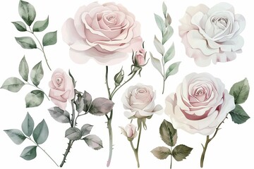 Set of white and pink rose watercolor flowers isolated on white background, floral illustration for wedding invitations