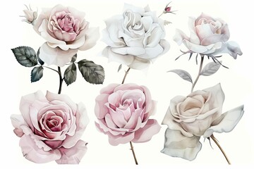 Set of white and pink rose watercolor flowers isolated on white background, floral illustration for wedding invitations - obrazy, fototapety, plakaty
