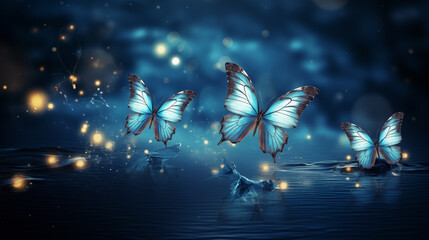 Enchanted Blue Butterflies Glowing Over Calm Waters