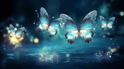 Magical Blue Butterflies Over Water at Night