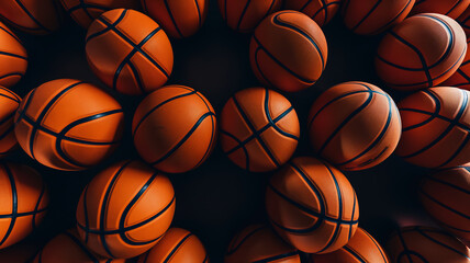 Multiple basketballs on a dark background, highlighting texture and form.